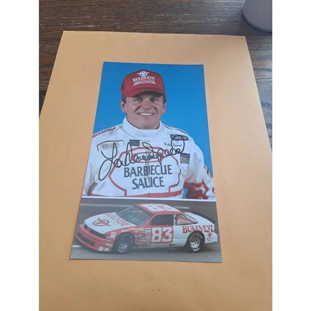 Autographed 1989 Lake Speed Bullseye BBQ Driver Card #83 Olds 9x5 NASCAR DMP